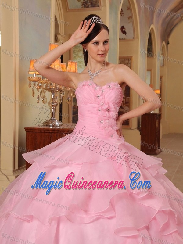 Beading Flowers Ruffles Organza Dresses Quinceanera in Rose Pink
