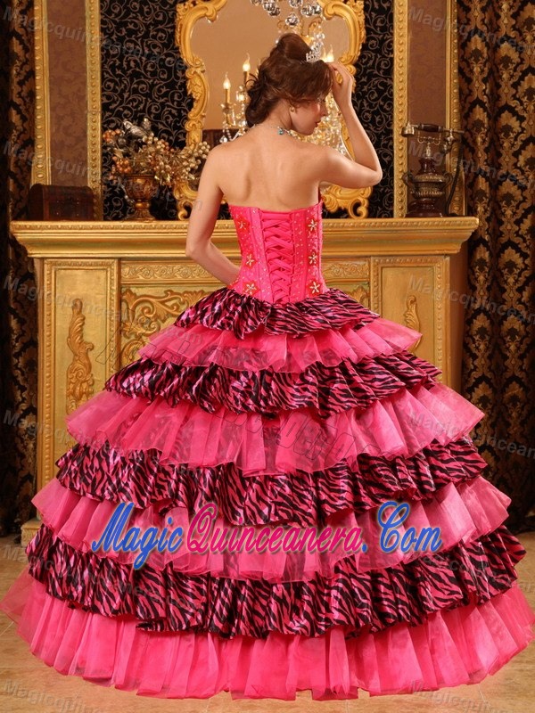 Hot Pink Dresses Quinceanera with Zebra Print Ruffles in Puerto Rico