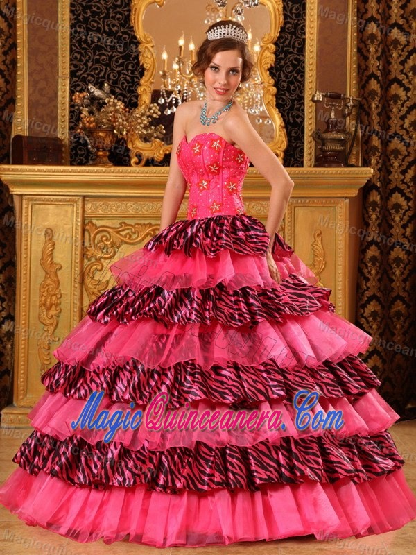 Hot Pink Dresses Quinceanera with Zebra Print Ruffles in Puerto Rico