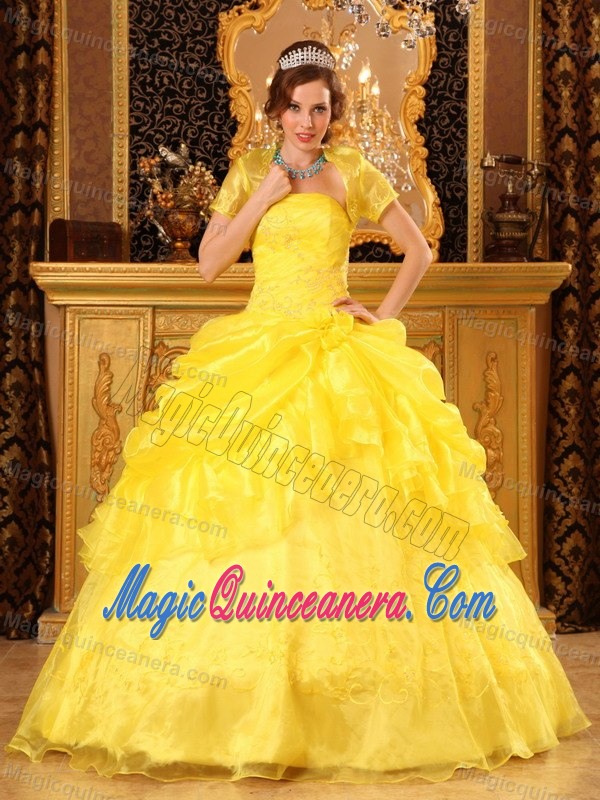 Appliqued and Ruffled Organza Dress Quinceanera in Bright Yellow