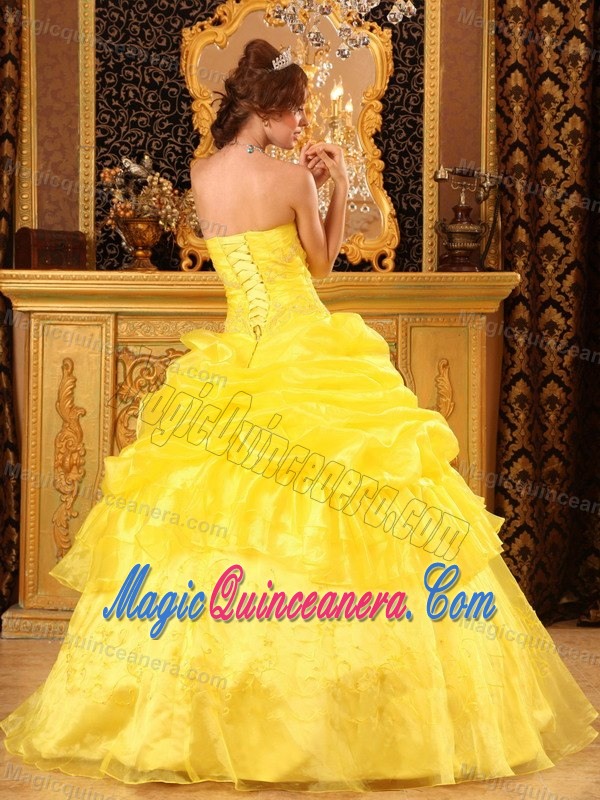 Appliqued and Ruffled Organza Dress Quinceanera in Bright Yellow