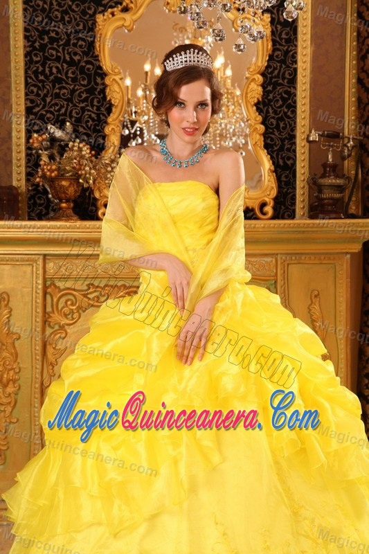 Appliqued and Ruffled Organza Dress Quinceanera in Bright Yellow