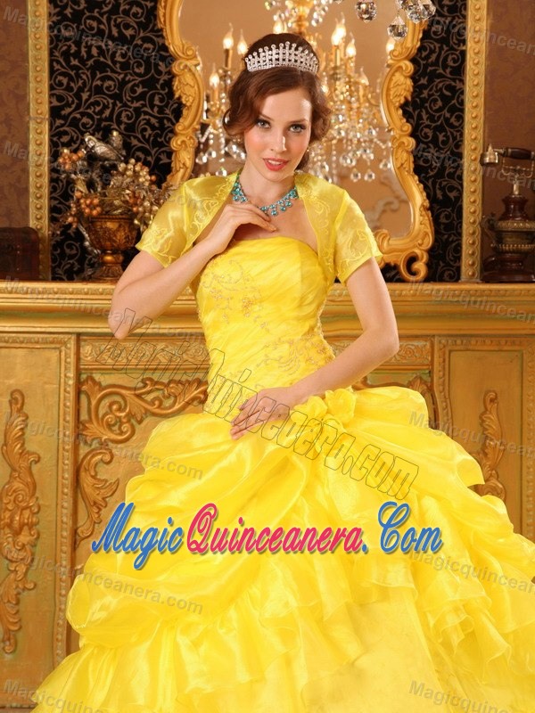 Appliqued and Ruffled Organza Dress Quinceanera in Bright Yellow