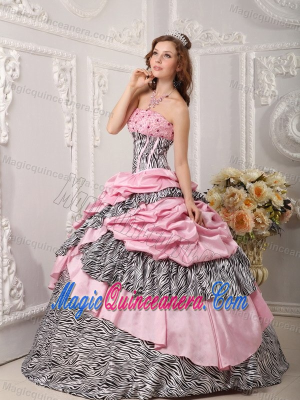 Zebra Print and Beading Accent Pink Taffeta Dress for Quinceanera