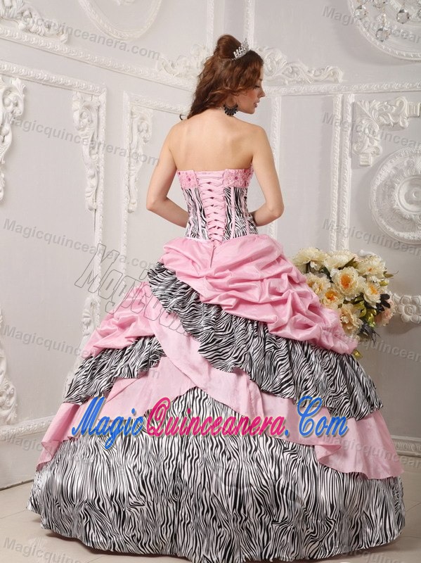 Zebra Print and Beading Accent Pink Taffeta Dress for Quinceanera