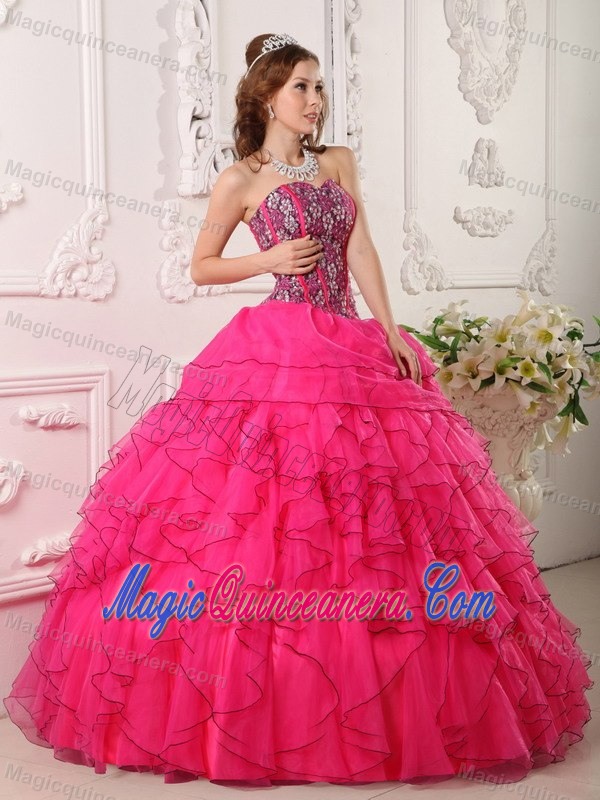 Beaded Bodice Hot Pink Dresses for Quinceaneras with Frilly Ruffles