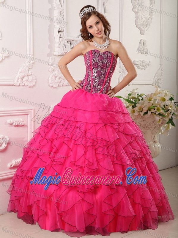 Beaded Bodice Hot Pink Dresses for Quinceaneras with Frilly Ruffles