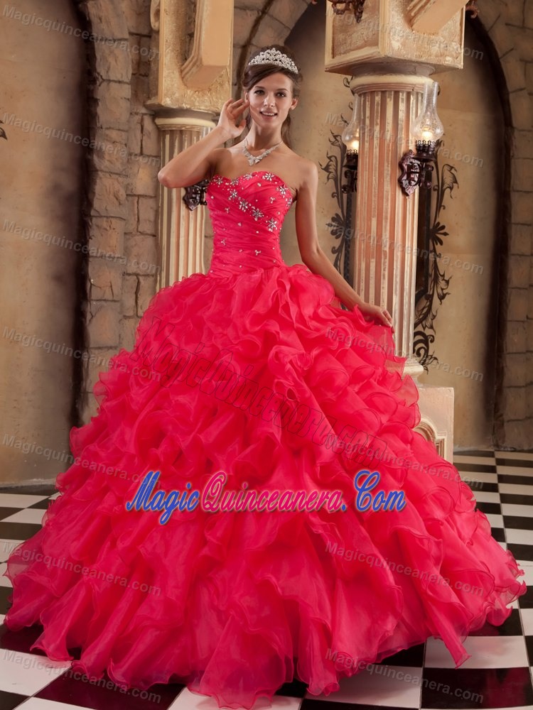 Beading and Ruffles Accent Dresses for Quinceaneras in Coral Red