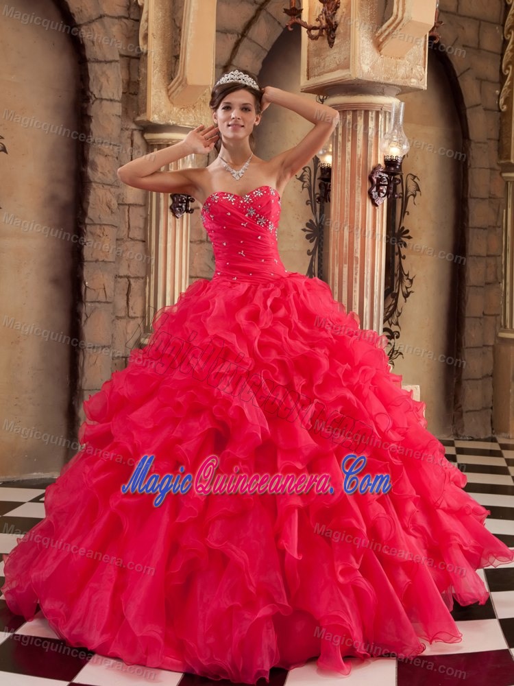 Beading and Ruffles Accent Dresses for Quinceaneras in Coral Red