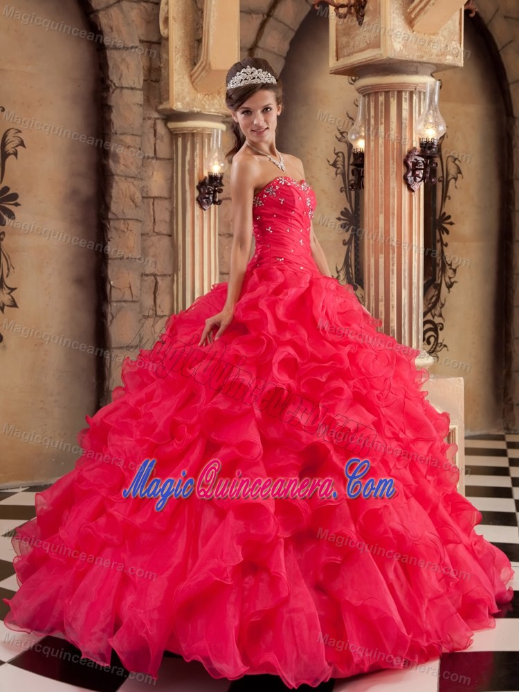 Beading and Ruffles Accent Dresses for Quinceaneras in Coral Red