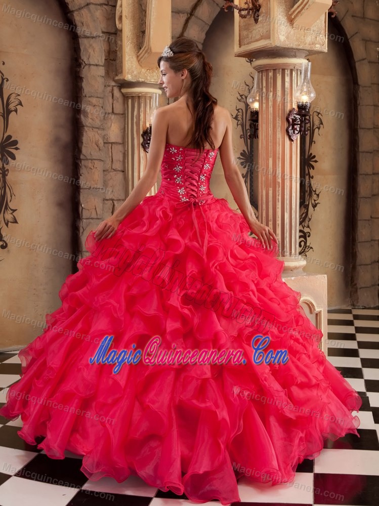 Beading and Ruffles Accent Dresses for Quinceaneras in Coral Red