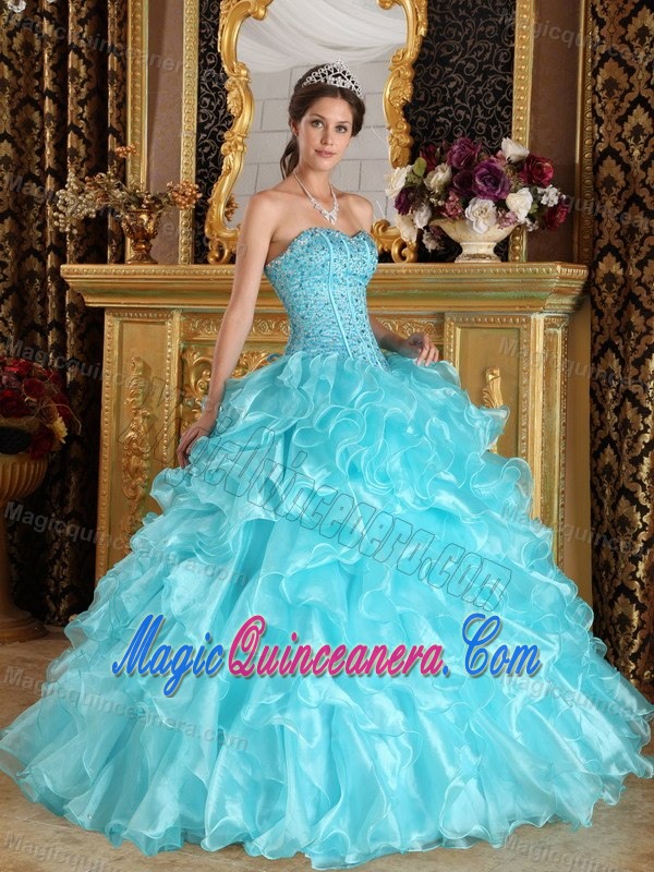 Beaded Bodice Ruffled Ball Gown Dresses for 15 in Aqua Blue 2015