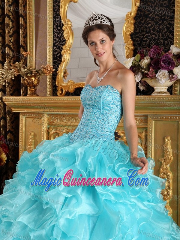 Beaded Bodice Ruffled Ball Gown Dresses for 15 in Aqua Blue 2015