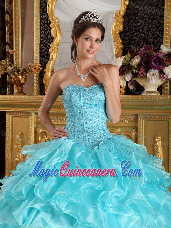 Beaded Bodice Ruffled Ball Gown Dresses for 15 in Aqua Blue 2015