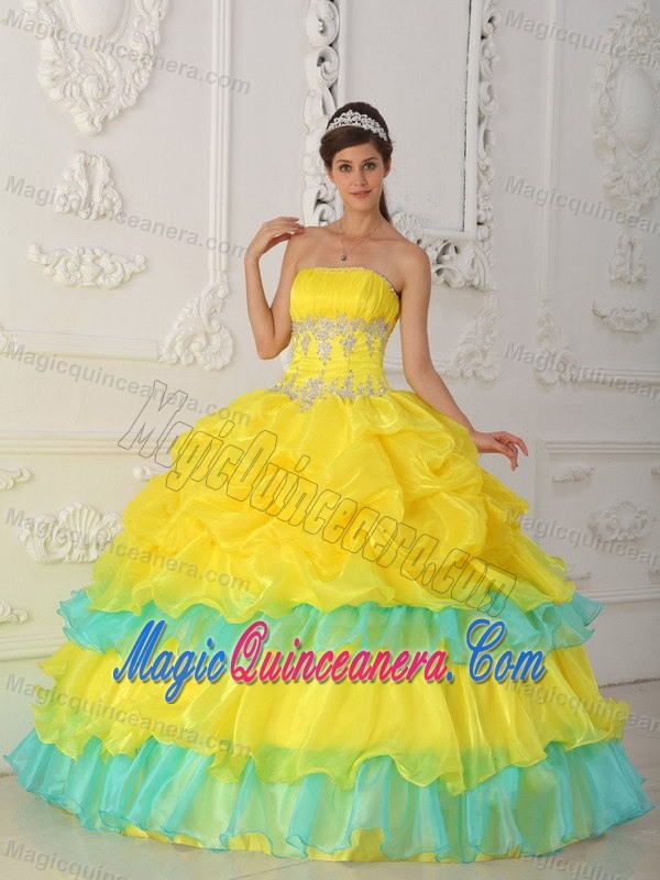 Appliqued and Ruffled Dress for A Quince in Mint and Bright Yellow