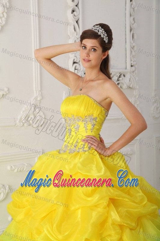 Appliqued and Ruffled Dress for A Quince in Mint and Bright Yellow