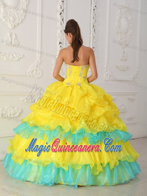 Appliqued and Ruffled Dress for A Quince in Mint and Bright Yellow