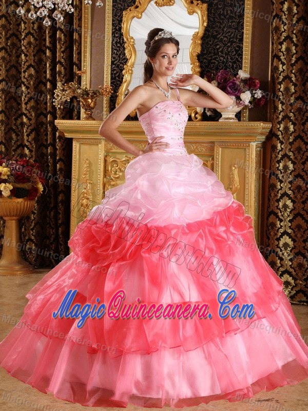 Pick and Watermelon One Shoulder Dresses for A Quince Appliques