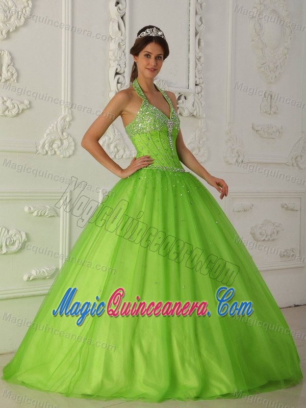 Spring Green Halter Sweet Sixteen Quinceanera Dresses Appliques