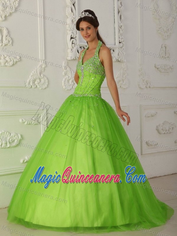 Spring Green Halter Sweet Sixteen Quinceanera Dresses Appliques