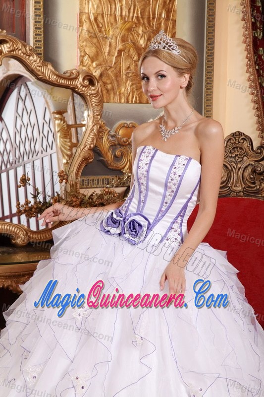 Beaded White Sweet Sixteen Dresses with Flowers and Ruffles 2013