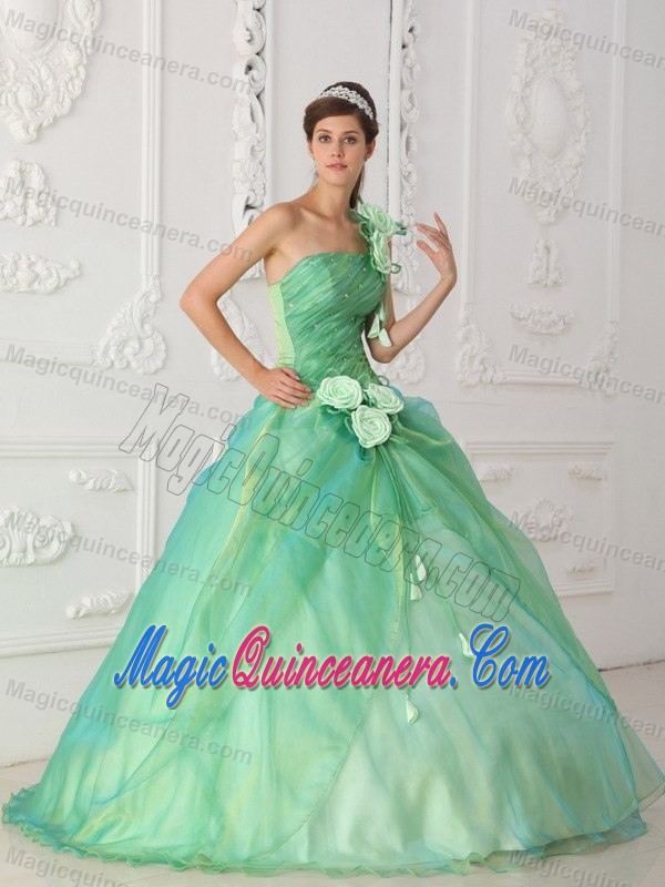 Flowery One Shoulder Ruched Sweet Sixteen Dresses in Apple Green