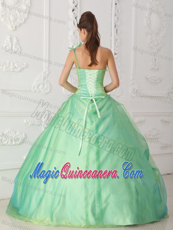 Flowery One Shoulder Ruched Sweet Sixteen Dresses in Apple Green