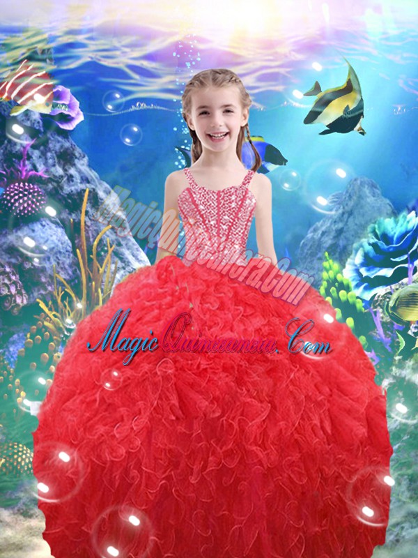 triumph Coral Red Organza Lace Up Straps Sleeveless Floor Length Kids Formal Wear Beading and Ruffles