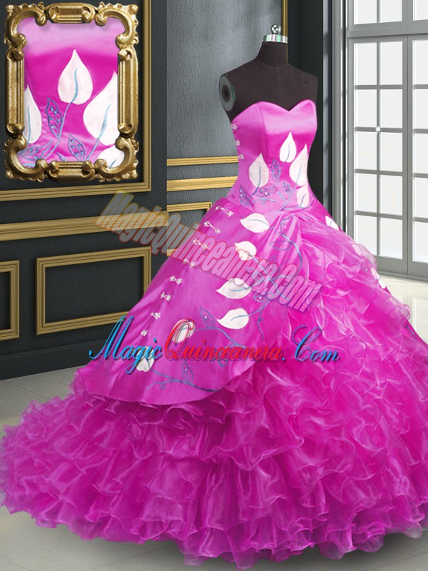 triumph Suitable Fuchsia Organza Lace Up Sweet 16 Dresses Sleeveless Brush Train Embroidery and Ruffles