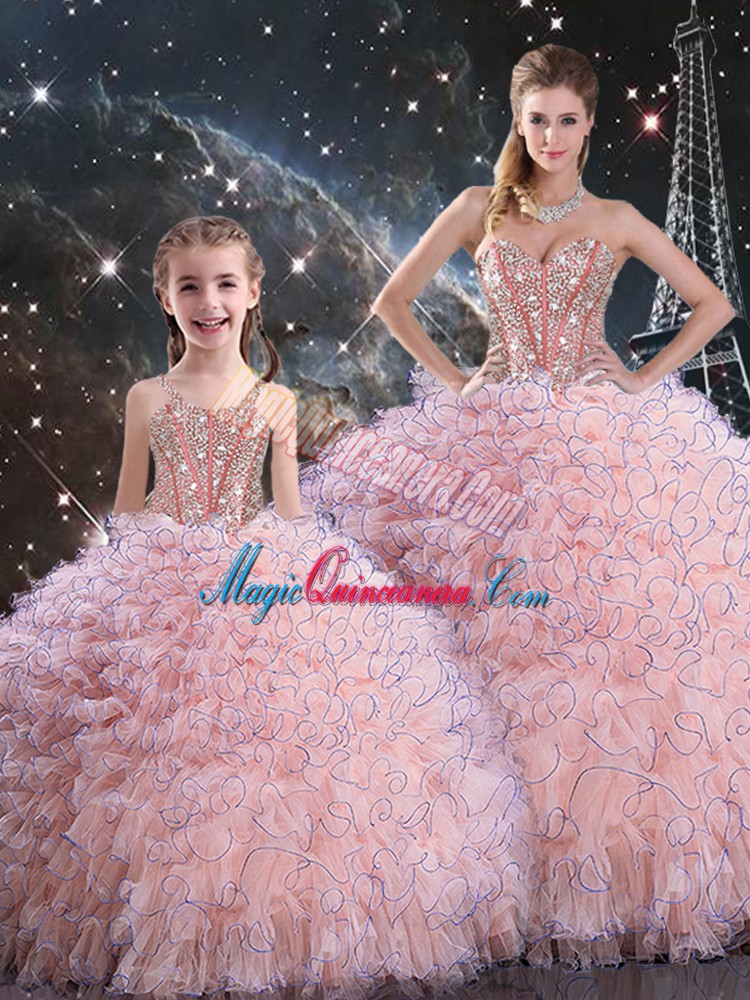 triumph Baby Pink Ball Gowns Beading and Ruffles Vestidos de Quinceanera Lace Up Organza Sleeveless Floor Length