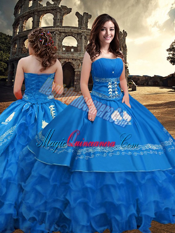 triumph Comfortable Floor Length Zipper 15 Quinceanera Dress Blue for Military Ball and Sweet 16 and Quinceanera with Embroidery and Ruffled Layers