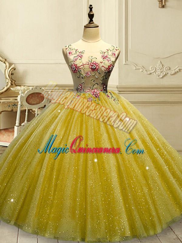Dramatic Floor Length Lace Up Quinceanera Dresses Gold for Military Ball and Sweet 16 and Quinceanera with Appliques and Sequins