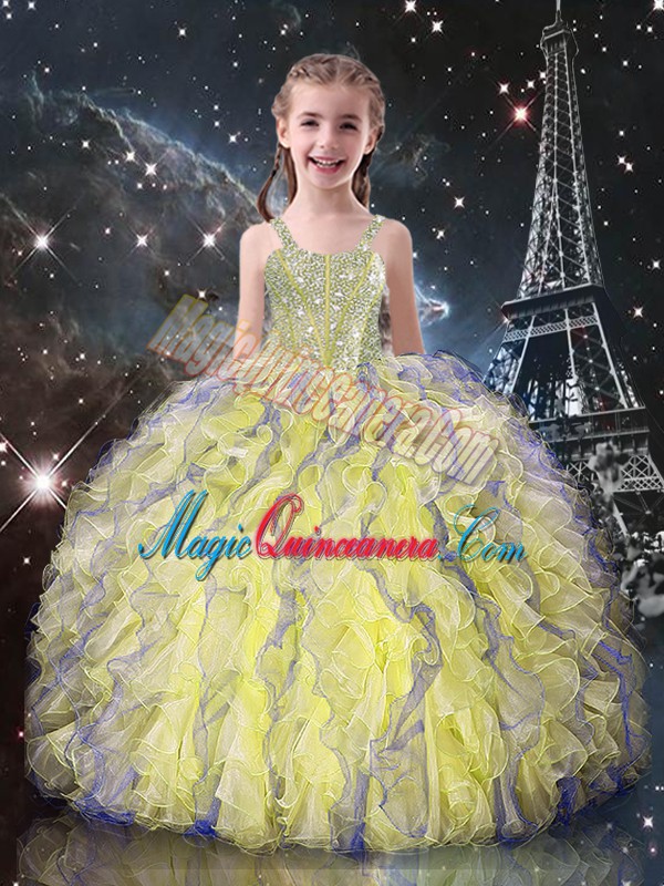 triumph Ball Gowns Pageant Dress for Teens Light Yellow Straps Organza Sleeveless Floor Length Lace Up