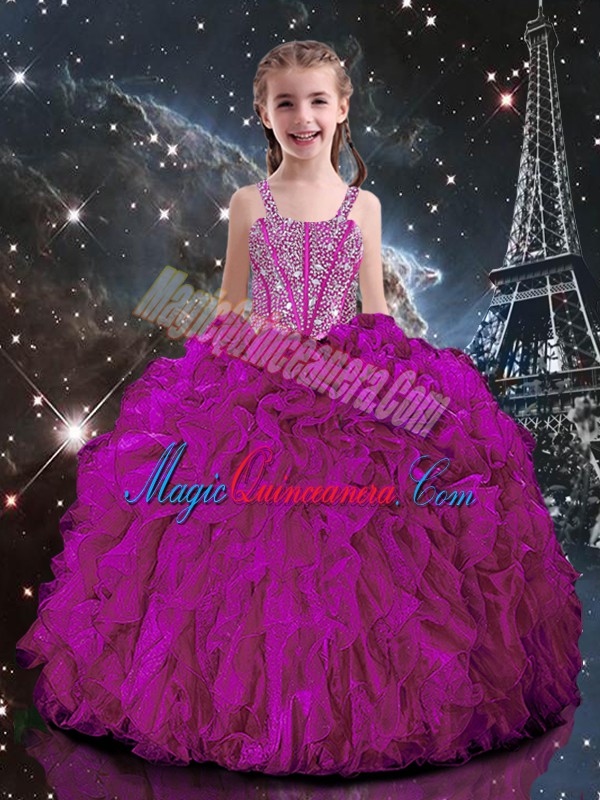 triumph Floor Length Fuchsia Little Girls Pageant Dress Wholesale Straps Short Sleeves Lace Up