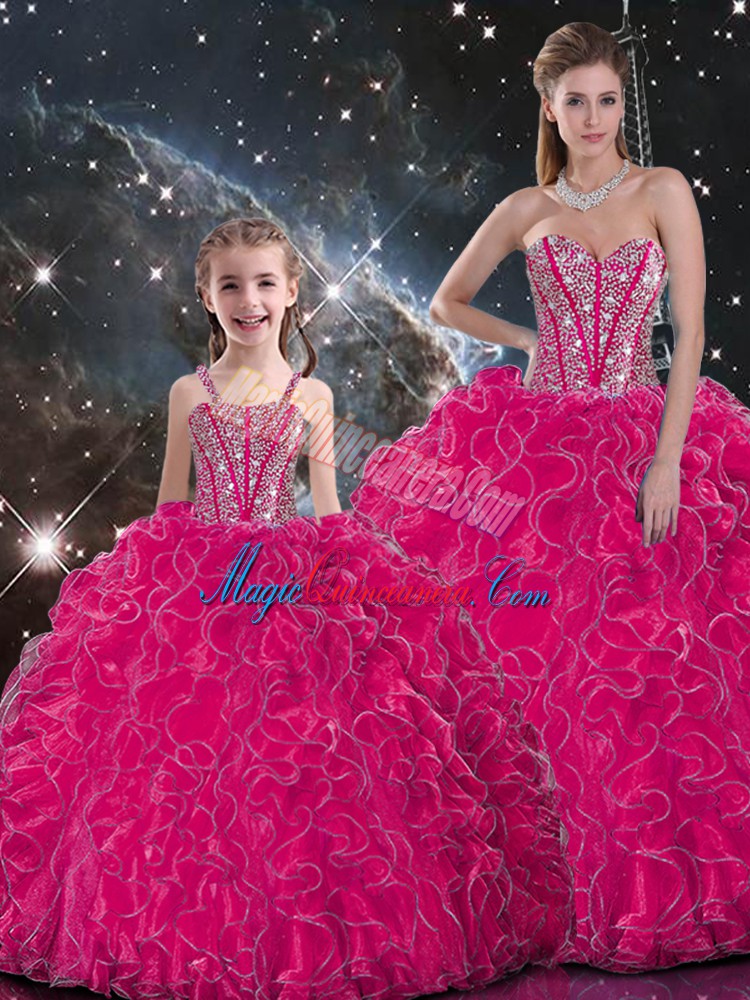 triumph Flare Hot Pink Organza Lace Up Sweetheart Sleeveless Floor Length Vestidos de Quinceanera Beading and Ruffles