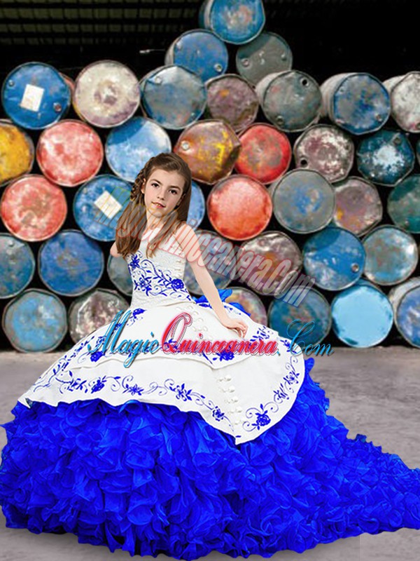 triumph Sweetheart Sleeveless Brush Train Lace Up Winning Pageant Gowns Blue And White Organza
