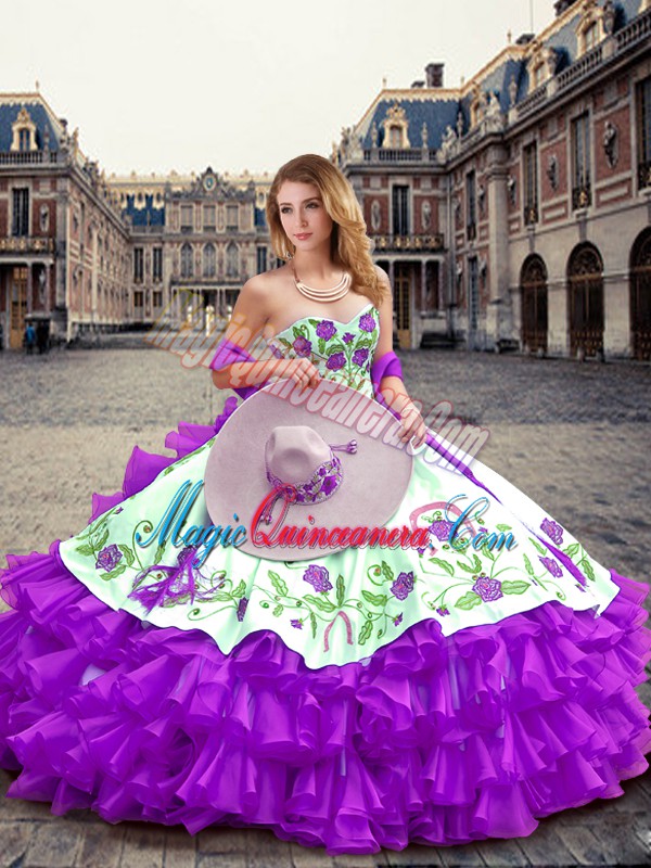triumph Luxury Eggplant Purple Ball Gowns Embroidery and Ruffled Layers Ball Gown Prom Dress Lace Up Organza Sleeveless Floor Length