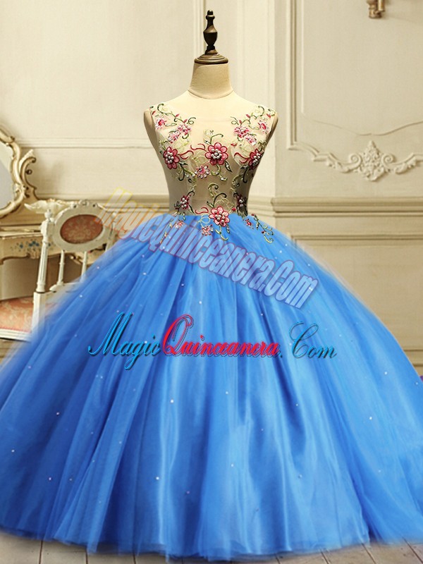triumph Baby Blue Tulle Lace Up Scoop Sleeveless Floor Length Quinceanera Dress Appliques and Sequins