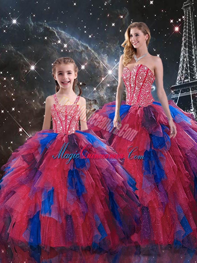 triumph Modest Sleeveless Beading and Ruffled Layers Lace Up Quinceanera Gowns with Multi-color