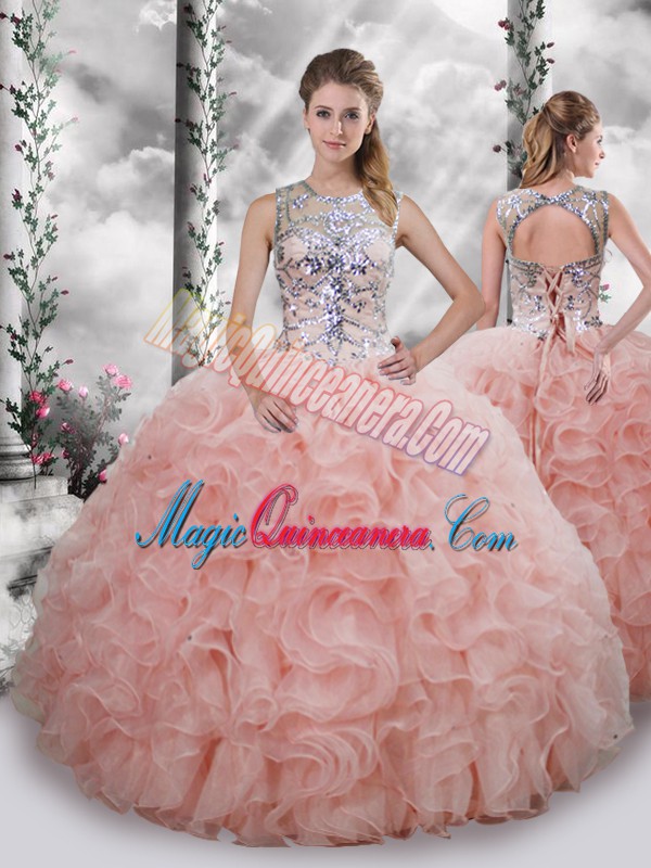 triumph Simple Baby Pink Lace Up Scoop Beading and Ruffles Quinceanera Gown Organza Sleeveless
