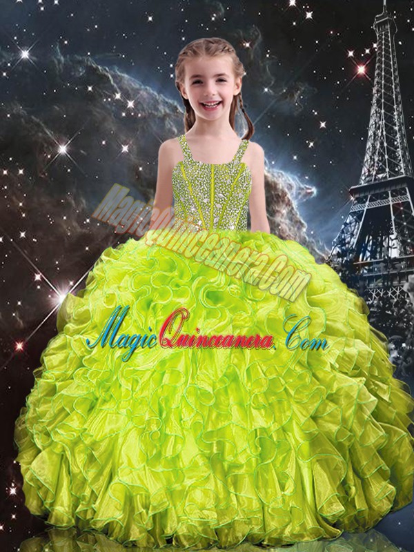 triumph Floor Length Ball Gowns Sleeveless Yellow Green Little Girls Pageant Dress Wholesale Lace Up