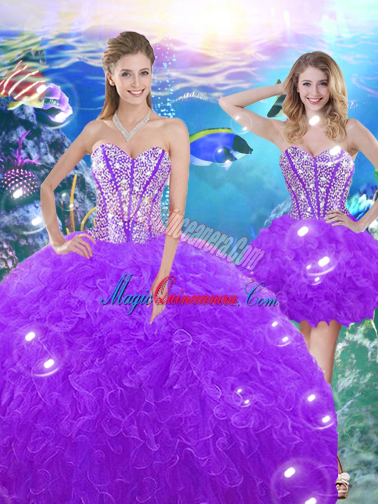 triumph Purple Ball Gowns Beading and Ruffles Quince Ball Gowns Lace Up Organza Sleeveless Floor Length