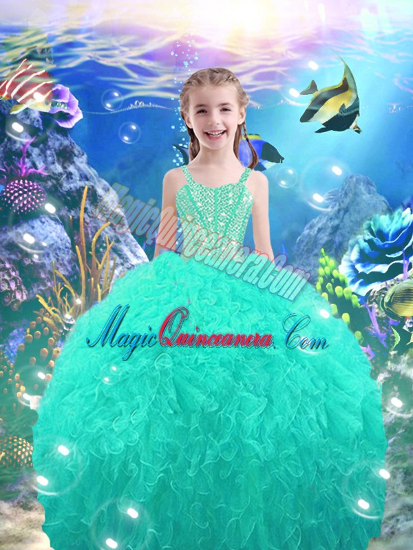 triumph Turquoise Sleeveless Beading Floor Length Girls Pageant Dresses