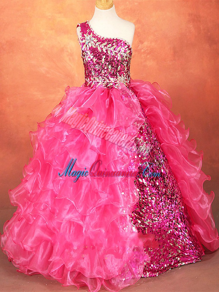 triumph Hot Pink Sleeveless Floor Length Beading and Ruffles and Sequins Lace Up Girls Pageant Dresses