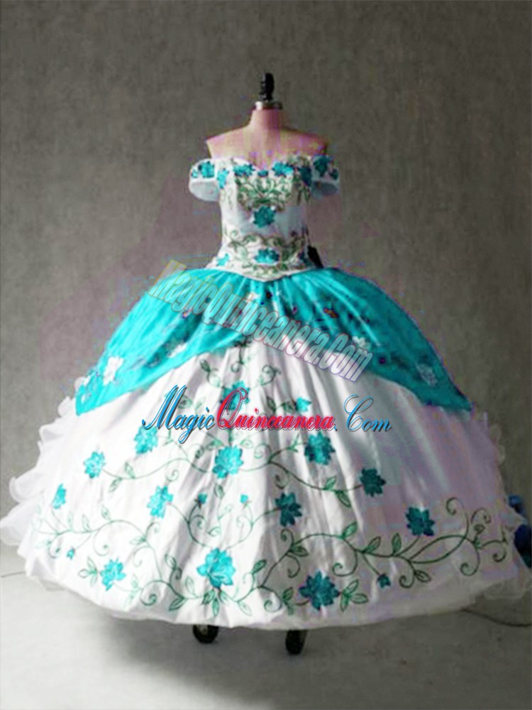 triumph Multi-color Ball Gowns Off The Shoulder Cap Sleeves Organza and Taffeta Floor Length Lace Up Embroidery and Ruffles Quince Ball Gowns