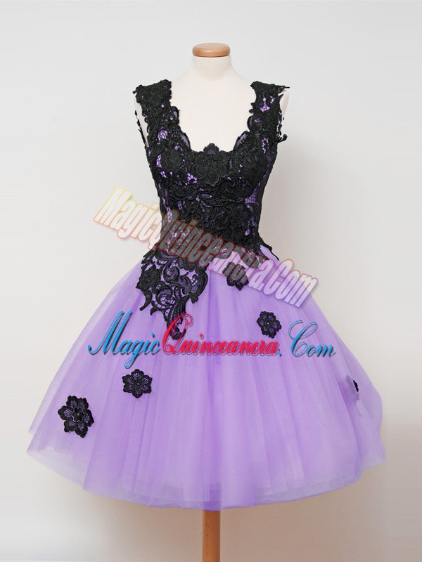  Knee Length Zipper Damas Dress Lilac for Prom and Party and Wedding Party with Appliques