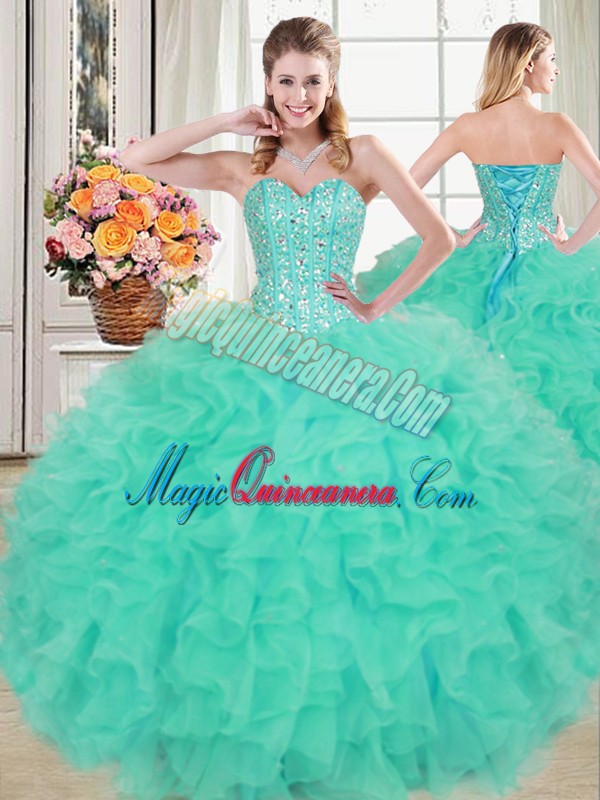 triumph Turquoise Organza Lace Up Quinceanera Gowns Sleeveless Floor Length Beading and Ruffles