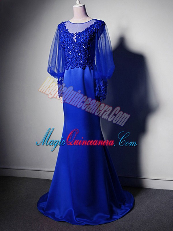 triumph Royal Blue Long Sleeves Elastic Woven Satin Brush Train Clasp Handle Mother Of The Bride Dress for Prom and Party and Sweet 16