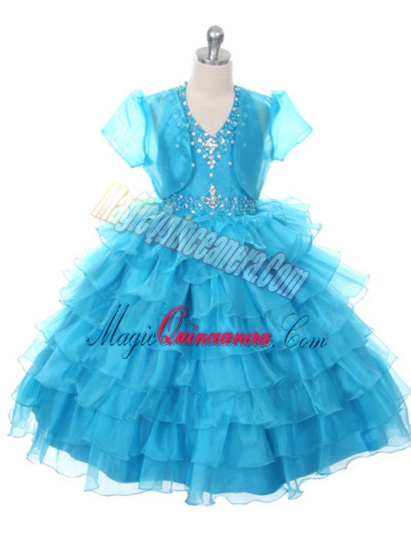 triumph Baby Blue Organza Lace Up Girls Pageant Dresses Sleeveless Floor Length Beading and Ruffled Layers and Bowknot