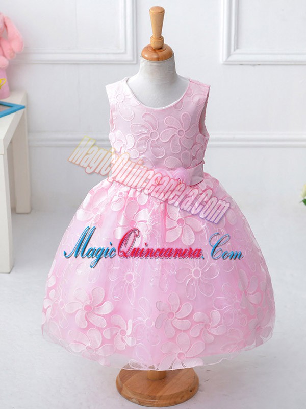 triumph High Class Baby Pink Zipper Scoop Appliques and Hand Made Flower Pageant Dress Wholesale Lace Sleeveless